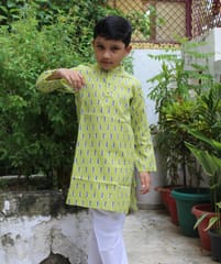 Green Ikat print cotton Kurta for boys