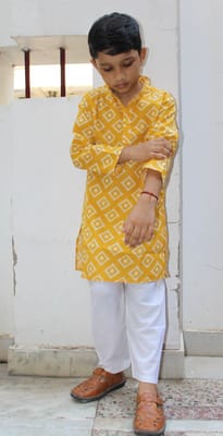 Yellow Ikat print cotton Kurta for boys