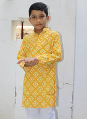 Yellow Ikat print cotton Kurta for boys