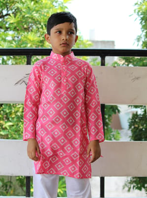 Pink Ikat print cotton Kurta for boys