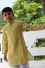 Yellow Ikat print cotton Kurta for boys