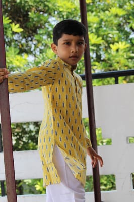 Yellow Ikat print cotton Kurta for boys