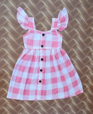 Pink checked frill sleeve dress with front buttons