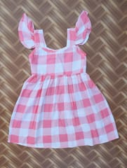 Pink checked frill sleeve dress with front buttons