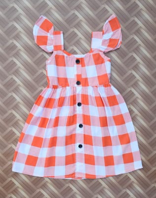 Red checked frill sleeve dress with front buttons