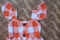 Red checked frill sleeve dress with front buttons