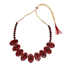 REDDISH BROWN COLOURED TRADITIONAL ART NECKLACE AND EARRING SETS.