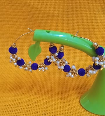 Silk Thread Blue Colour Hoop Earrings with Pearls 0025