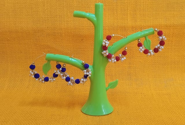 Silk Thread Red and Blue Colour Hoop Combo Earrings with Pearls 002