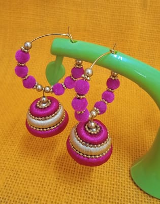 Thread Trends Pink Silk Thread Jhumkas Beads Dori Hoop Earrings for Women 0028