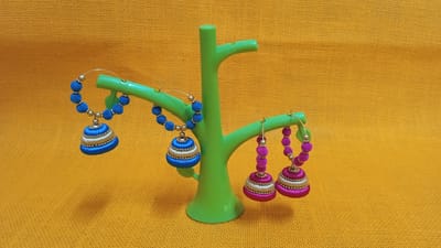 Thread Trends Pink and Blue Silk Thread Jhumkas Beads Dori Hoop Earrings for Women Combo 003