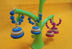 Thread Trends Pink and Blue Silk Thread Jhumkas Beads Dori Hoop Earrings for Women Combo 003