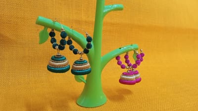 Thread Trends Green and Pink Silk Thread Jhumkas Beads Dori Hoop Earrings for Women Combo 004