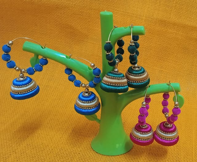 Handmade Thread Trends Blue, Green and Pink Silk Thread Jhumkas Beads Dori Hoop Earrings for Women Combo of 3 earrings