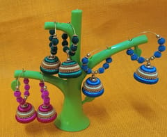 Handmade Thread Trends Blue, Green and Pink Silk Thread Jhumkas Beads Dori Hoop Earrings for Women Combo of 3 earrings