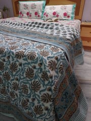 Aqua Blue and White Ethnic Indian Floral Design Reversible Double Bed Handcrafted Pure Cotton Dohar/Throw/Ac Quilt (90x108Inches)