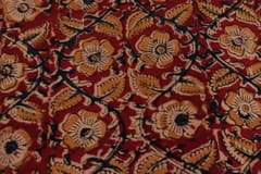 Red Kalamkari With Yellow and Blue Flowers Fabric-032