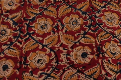 Red Kalamkari With Yellow and Blue Flowers Fabric-032