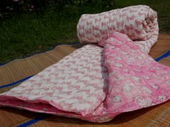 Pink and white tractor and bird design hand block printed soft organic cotton kids' quilt