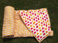 Yellow and pink elephant design kids hand block printed pure organic cotton soft and reversible quilt