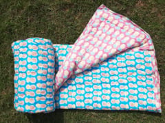 Blue and pink pineapple design hand block printed pure organic cotton kids quilt of super fine quality.