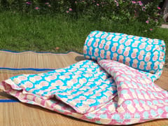Blue and pink pineapple design hand block printed pure organic cotton kids quilt of super fine quality.