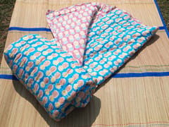 Blue and pink pineapple design hand block printed pure organic cotton kids quilt of super fine quality.