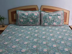 Premium quality super soft Pure cotton hand block printed King Size bedsheet with two reversible pillow covers in beautiful English green color