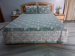 Premium quality super soft Pure cotton hand block printed King Size bedsheet with two reversible pillow covers in beautiful English green color