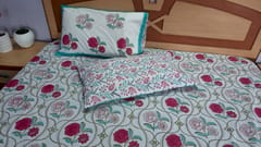 Premium quality super soft Pure cotton hand block printed King Size bedsheet with two reversible pillow covers in beautiful Pink and white color