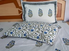 Premium quality super soft Pure cotton hand block printed King Size bedsheet with two reversible pillow covers in traditional print in Blue and white color