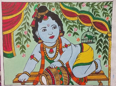 Natkhat Nandalal – Handmade Madhubani Small Painting on Cotton Canvas