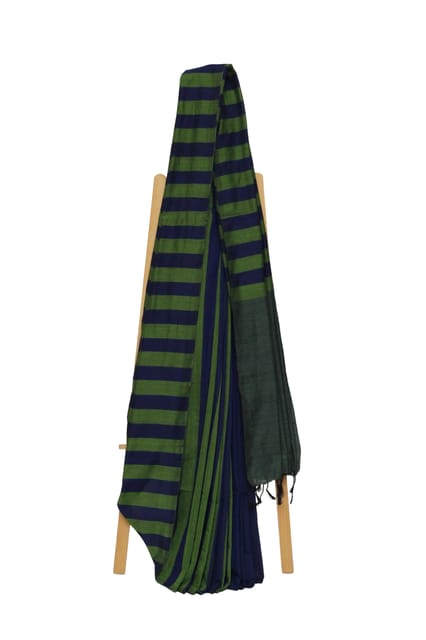 Tisser Khadi Stribe Saree with Attached Blouse Piece (Blue/Green)