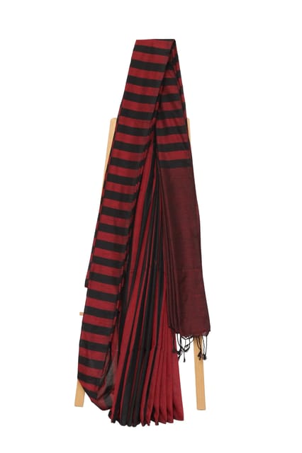Tisser Khadi Stribe Saree with Attached Blouse Piece (Maroon/Black)