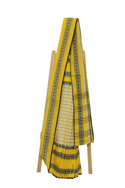 Tisser Dhanekhali Tant Cotton Saree with Attached Blouse Piece (Yellow/White)