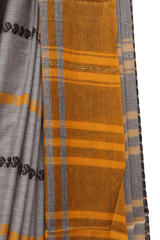 Tisser Dhanekhali Tant Cotton Saree with Attached Blouse Piece (Grey/Yellow)