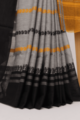 Tisser Dhanekhali Tant Cotton Saree with Attached Blouse Piece (Grey/Yellow)