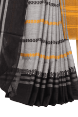Tisser Dhanekhali Tant Cotton Saree with Attached Blouse Piece (Grey/Yellow)