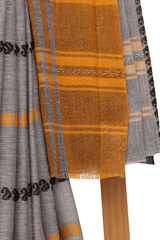 Tisser Dhanekhali Tant Cotton Saree with Attached Blouse Piece (Grey/Yellow)