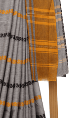 Tisser Dhanekhali Tant Cotton Saree with Attached Blouse Piece (Grey/Yellow)