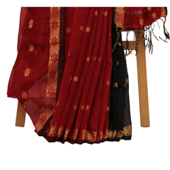 Tisser Maheshwari Handweave Silk Saree with Attached Blouse Piece (Maroon/Black)