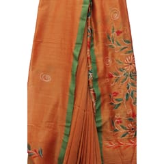 Tisser Khadi Hand-painted Saree with Attached Blouse Piece (Orange)