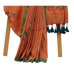 Tisser Khadi Hand-painted Saree with Attached Blouse Piece (Orange)