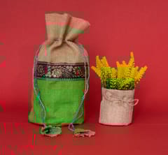 Printed Green Jute Potli Bag