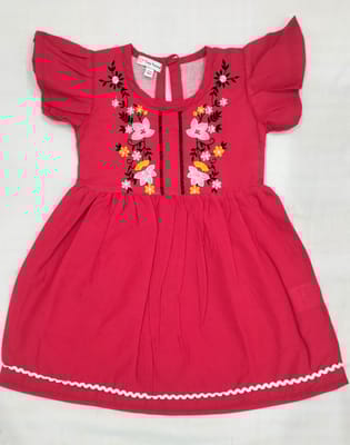 Red floral Embroidered pure cotton Dress For Girls