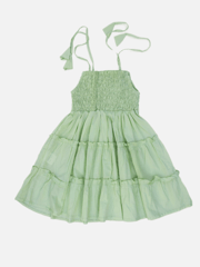 Light Green Solid Smocked Shoulder Tie Up Dress