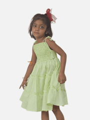 Light Green Solid Smocked Shoulder Tie Up Dress
