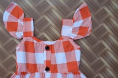 Red checked frill sleeve dress with front buttons