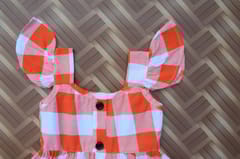 Red checked frill sleeve dress with front buttons