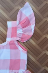 Pink checked frill sleeve dress with front buttons